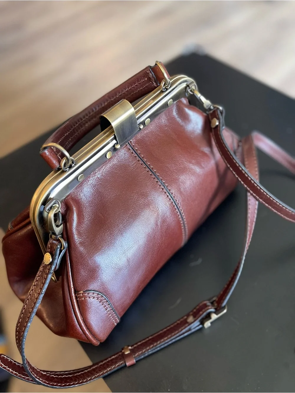 Gianni Conti Brown Leather Frame-Top Satchel
